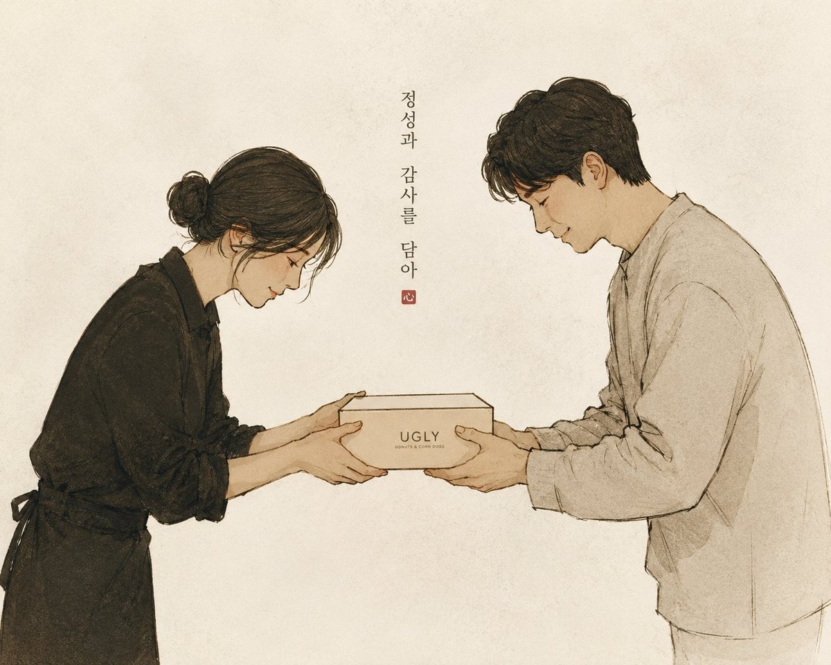 Two hands exchanging an Ugly Donuts box, made with care