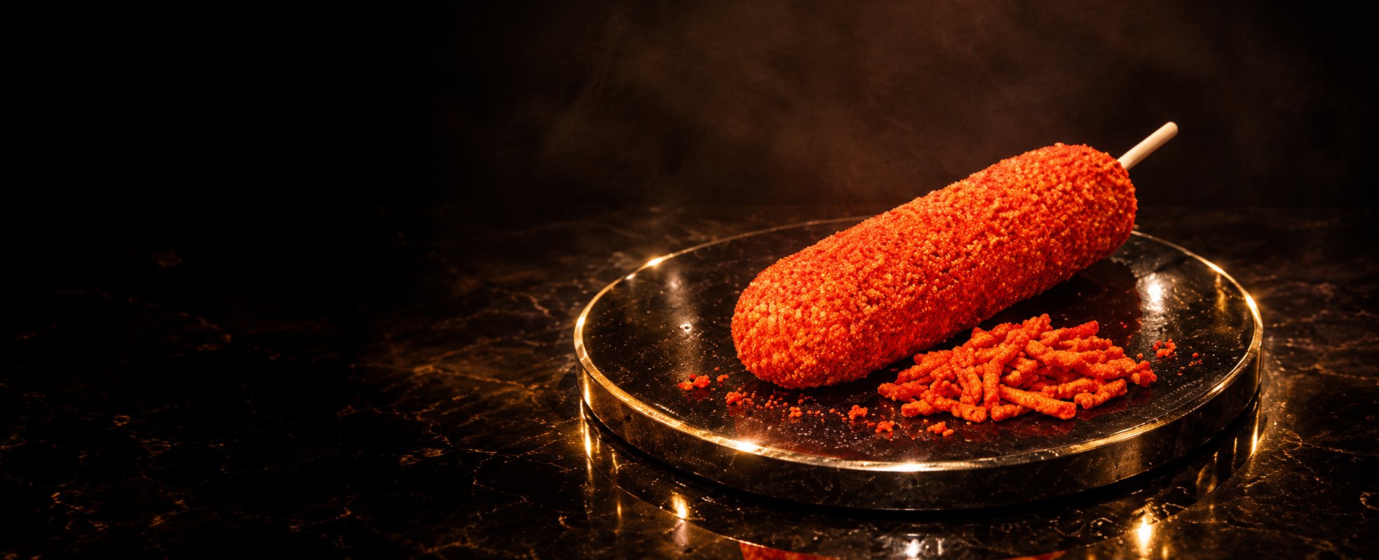 A Hot Cheetos Korean corn dog, freshly fried