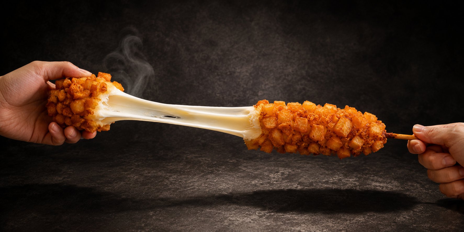 Cheese stretching from a Korean corn dog pulled apart by hand