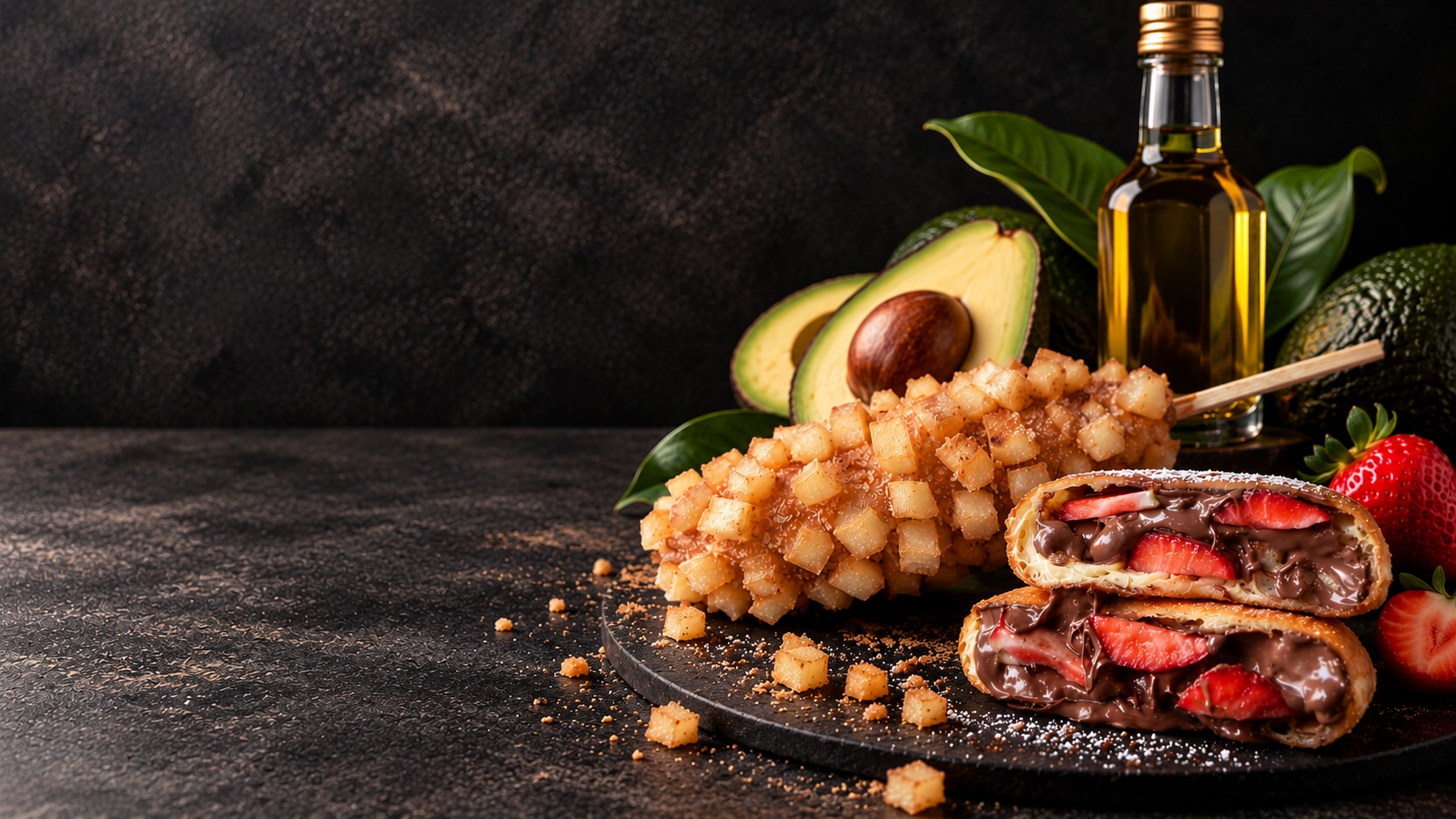 A Korean corn dog, a filled donut, a halved avocado and a bottle of avocado oil