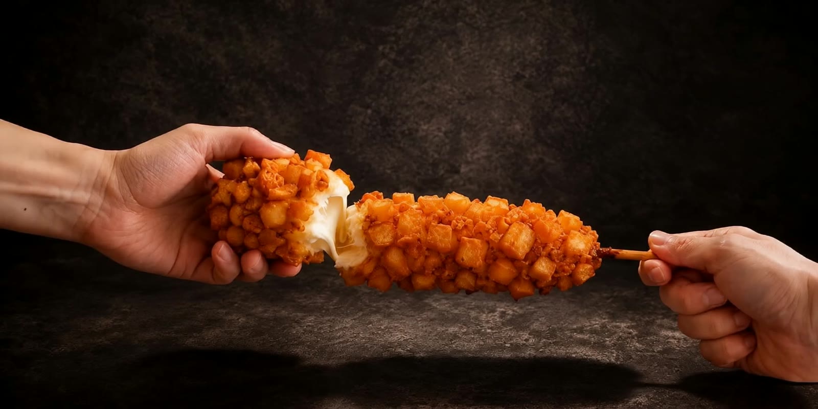 Cheese stretching from a Korean corn dog pulled apart by hand